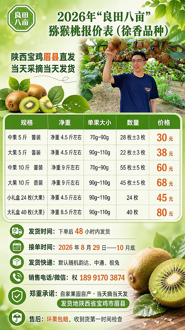 生鲜水果猕猴桃报价单海报，竖版9:16，清新自然果园风格，绿色为主色调。画面顶部左上角放置绿色八角形"良田八亩"品牌Logo，顶部居中大标题"2026年'良田八亩'猕猴桃报价表（徐香品种）"。画面上半部分右侧嵌入果园人像实拍图（男士手持猕猴桃站在果树下），左侧配副标题"陕西宝鸡眉县直发 · 当天采摘当天发货"。画面中部为清晰的价格表格，6行规格价格一目了然，表格内容：
1. 中果5斤 普装 | 净重4.5斤左右 | 70g~90g | 28枚±3枚 | 30元
2. 大果5斤 普装 | 净重4.5斤左右 | 90g~110g | 22枚±3枚 | 38元
3. 中果10斤 普装 | 净重9斤左右 | 70g~90g | 55枚±5枚 | 60元
4. 大果10斤 普装 | 净重9斤左右 | 90g~110g | 45枚±5枚 | 68元
5. 小礼盒24枚(大果) | 净重4.5斤左右 | 90g~110g | 24枚 | 45元
6. 大礼盒40枚(大果) | 净重8.5斤左右 | 90g~110g | 40枚 | 80元
画面底部为服务信息区，包含：
- 发货时间：下单后48小时内发货
- 接单时间：2026年8月29日——10月底
- 发货快递：默认随机韵达、中通、极兔
- 销售电话/微信：权 189 9170 3874
- 郑重承诺：自家果园自产 · 当天摘当天发 · 发货地陕西省宝鸡市眉县
- 售后：坏果包赔，收到货第一时间检查
背景为清新的绿色渐变，点缀猕猴桃叶片、果实元素，自然光感，整体版式精美，信息层级分明，表格清晰易读，商业海报质感。画面中所有数字必须精确渲染，不得错位、遗漏或编造。画面中所有信息区域、价格表格、服务信息区必须填充完整合理的内容，不得出现空白框、空白占位、空单元格。