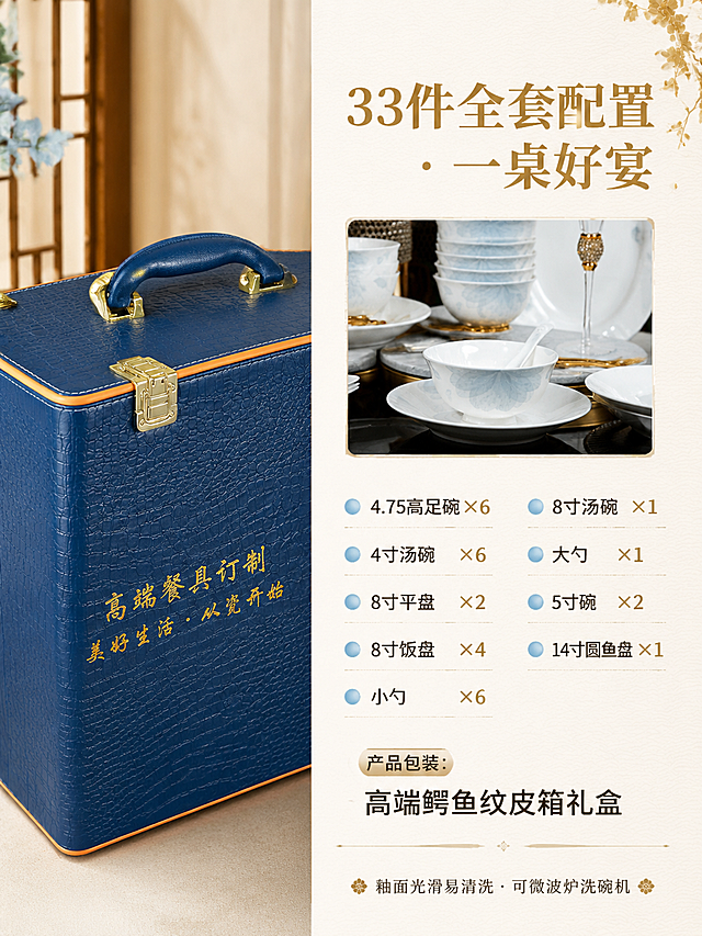 [第2屏] 详情页配置清单+皮箱包装展示屏-花好月圆骨瓷餐具套装规格参数与礼盒细节。本屏使用【图5】【图6】作为皮箱包装主体，【图3】【图4】作为餐具单品参考。
[氛围/风格] 新中式轻奢雅致风，严谨专业参数展示，商业摄影质感，京东平台风格。
[元素布局] 画面左侧约45%区域展示深蓝色鳄鱼纹皮箱礼盒正面特写，皮箱上金色烫金文字「高端餐具订制 美好生活·从瓷开始」保持原样清晰可见，金色五金锁扣、深蓝色皮质把手、橙色包边细节完整保留；右侧约55%区域为配置清单信息区，背景为浅米白色纹理底；右上角小图展示餐具碗碟细节（淡蓝花朵纹样），下方为清晰的配置列表。
[光影质感] 左侧皮箱采用45°侧光，突出鳄鱼纹皮质纹理与金属锁扣光泽；右侧信息区光线均匀明亮，文字清晰锐利。
[配色色系] 全局底色 #F5F0E8 浅米白；主色深蓝皮箱+金色五金；辅助色淡蓝花纹、深金色文字；点缀色橙色包边。
[视角构图] 左右分栏构图，左侧皮箱45°斜视角，右侧文字区垂直阅读动线从上到下。
[文字版式] 右侧顶部大标题「33件全套配置 · 一桌好宴」，深金色宋体字；标题下方为配置清单，分两列清晰排列，每项前有淡蓝色小圆点图标：「4.75高足碗 ×6」「4寸汤碗 ×6」「8寸平盘 ×2」「8寸饭盘 ×4」「小勺 ×6」「8寸汤碗 ×1」「大勺 ×1」「5寸碗 ×2」「14寸圆鱼盘 ×1」；清单下方标注「产品包装：高端鳄鱼纹皮箱礼盒」，字体加粗；最底部一行小字「釉面光滑易清洗 · 可微波炉洗碗机」。文字全部清晰可读，字号适中，移动端可辨。
[比例分辨率] 3:4 竖版比例，4K 分辨率，文字清晰可辨，高清画质。
[负向提示词] 皮箱变形，文字错乱，五金缺失，颜色偏差，餐具数量错误，规格写错，水印，文字过小模糊，背景杂乱。