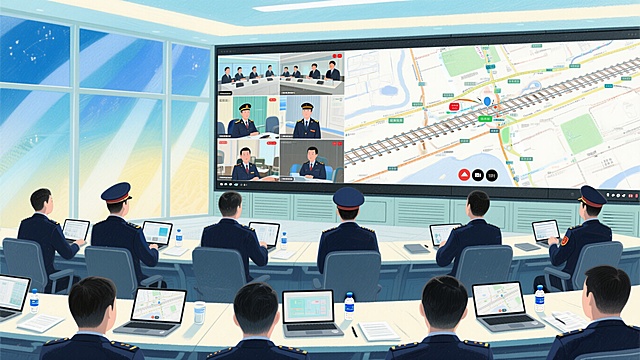 绘本风格，铁路局调度中心会议室内部，一群穿着铁路制服的工作人员背对着镜头正在使用大屏幕高清视频会议系统。大屏幕上显示着其他分会场或线路图的画面。会议室内光线明亮，充满科技感，桌上摆放着笔记本电脑、水杯和文件。背景能看到铁路运行图。画质清晰，细节丰富，超广角镜头拍摄，不显示人脸，仅保留背影。