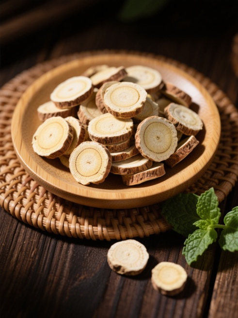 一个装满甘草切片的浅木色圆形木盘，甘草片呈黄白色，边缘略带浅棕色，表面可见清晰的同心环纹理，几片甘草片散落在深色木纹桌面上，背景为古朴的竹编圆形垫子，旁边点缀着几片新鲜的绿色薄荷叶，整体采用暗调背景突出主体，光线从斜上方照射，形成柔和的明暗对比，营造出自然、质朴、原生态的中药材展示氛围，具有高清晰度的细节质感和写实摄影风格。预览效果