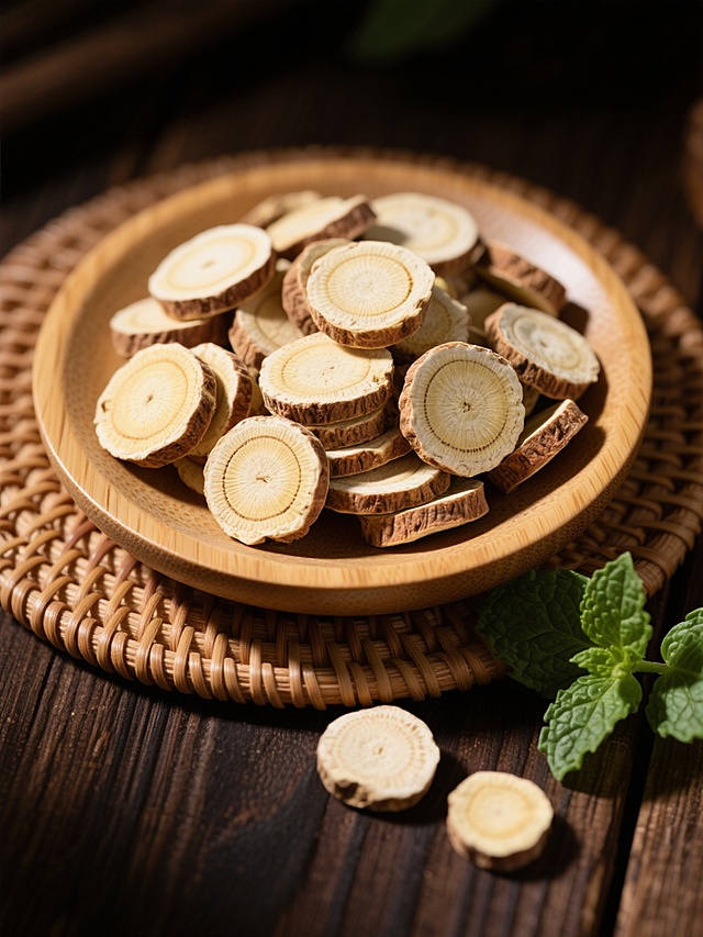 一个装满甘草切片的浅木色圆形木盘，甘草片呈黄白色，边缘略带浅棕色，表面可见清晰的同心环纹理，几片甘草片散落在深色木纹桌面上，背景为古朴的竹编圆形垫子，旁边点缀着几片新鲜的绿色薄荷叶，整体采用暗调背景突出主体，光线从斜上方照射，形成柔和的明暗对比，营造出自然、质朴、原生态的中药材展示氛围，具有高清晰度的细节质感和写实摄影风格。