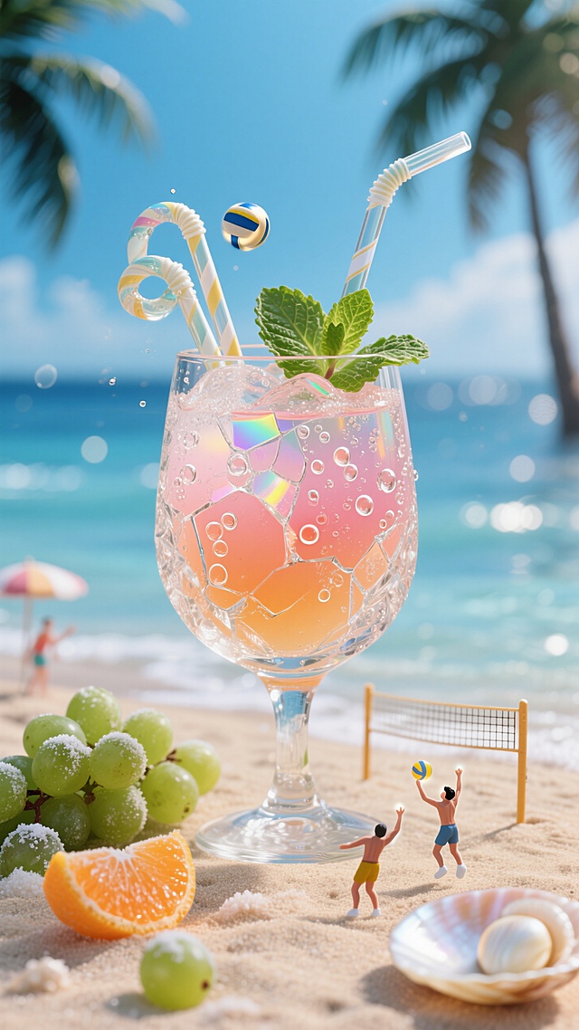 巨型高透水晶杯盛满渐变粉橙果汁