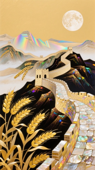 画面仿制麦秆画工艺，利用麦秆天然的色泽和光泽进行拼贴。近景是金黄色的麦穗（丰收致敬国庆），中景是蜿蜒的长城，远景是一轮由浅色麦秆拼贴出的明月。麦秆的天然纹理赋予山河独特的肌理感，整体色调温暖质朴，寓意预览效果
