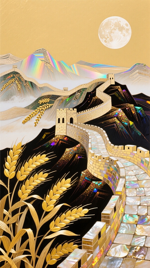 梦幻感与国潮风交织，长城在鎏金与玻璃质感中蜿蜒，超现实主义的彩虹山脉与麦穗点缀，营造出唯美的虚拟自然意境。