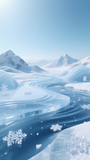 3D渲染风格，以纯净的冰蓝色和透明感白色为主色调，柔和的顶部光源创造出细腻的高光与渐变阴影，呈现光滑的流线型冰面质感，画面中融入连绵起伏的自然山水轮廓，以波浪状的冰雕形态展现山峦与水流的韵律，点缀大小不一、棱角分明的雪花晶体，部分雪花轻盈飘落，部分镶嵌于冰面纹理中，整体营造出清冷、纯净且富有诗意的冬日山水氛围，视觉层次清晰，主体突出，背景为渐变浅蓝天空，空间感开阔，传达出宁静致远的意境。预览效果