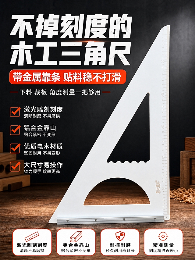 [主图-1] 首图点击率，主题：不掉刻度的木工三角尺，核心卖点大字冲击，拼多多风格高性价比工业五金海报。
[统一基调] 拼多多五金工具风格，整体硬朗专业，背景主色为深灰渐变+橙红色强调色，标题字色纯白加粗，辅助字色浅灰，强调色橙红，字体为粗黑无衬线工业风，字号层级分明，卖点用圆角矩形胶囊标签，整体满版高信息密度。
[画面] 画面上方超大主标题区，中部主体大图展示白色木工三角尺（与输入图外观一致：白色电木材质、铝合金银色靠山底座、激光雕刻刻度、镂空三角形结构、底部波浪形握位），三角尺斜45度摆放，占画面约55%，底部有真实投影。下方4个卖点胶囊图标横向排列。背景为深灰色工业风渐变，底部有木工工作台木板纹理点缀，左上角放品牌Logo区域。整体构图上文中下图，满版不空洞。
[光影质感] 商业产品摄影质感，主光从左上方打来，金属铝合金靠山有清晰高光反射，白色尺身有细腻明暗过渡，底部有柔和接触阴影，刻度清晰锐利，整体干净专业。
[配色] 背景深灰渐变，主标题白色粗黑字，强调色橙红色，卖点图标白底橙边，整体工业五金配色。
[文字版式] 顶部主标题超大加粗白字"不掉刻度的木工三角尺"，下方副标题稍小白字"带金属靠条 贴料稳不打滑"，再下方小字"下料 裁板 角度测量一把够用"。产品图下方4个横向排列的卖点胶囊："激光雕刻刻度""铝合金靠山""耐摔耐磨""精准测量"，每个胶囊配小图标。文字全部居中对齐，不遮挡产品主体。
[输出要求] 3:4竖版比例，文字清晰锐利，产品外观与输入图完全一致，刻度清晰，无变形，无错字，无水印，无平台Logo，无杂乱元素。