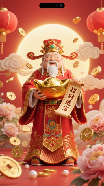 手机壁纸，财神爷，一位慈祥的中国神祇，身穿华丽的红色和金色官袍，头戴官帽，手持大金元宝和“招财进宝”卷轴，周围漂浮着金币、铜钱和珍珠。背景是祥云、灯笼和牡丹花。金色光晕，红色主题，细节丰富，3D渲染，预览效果
