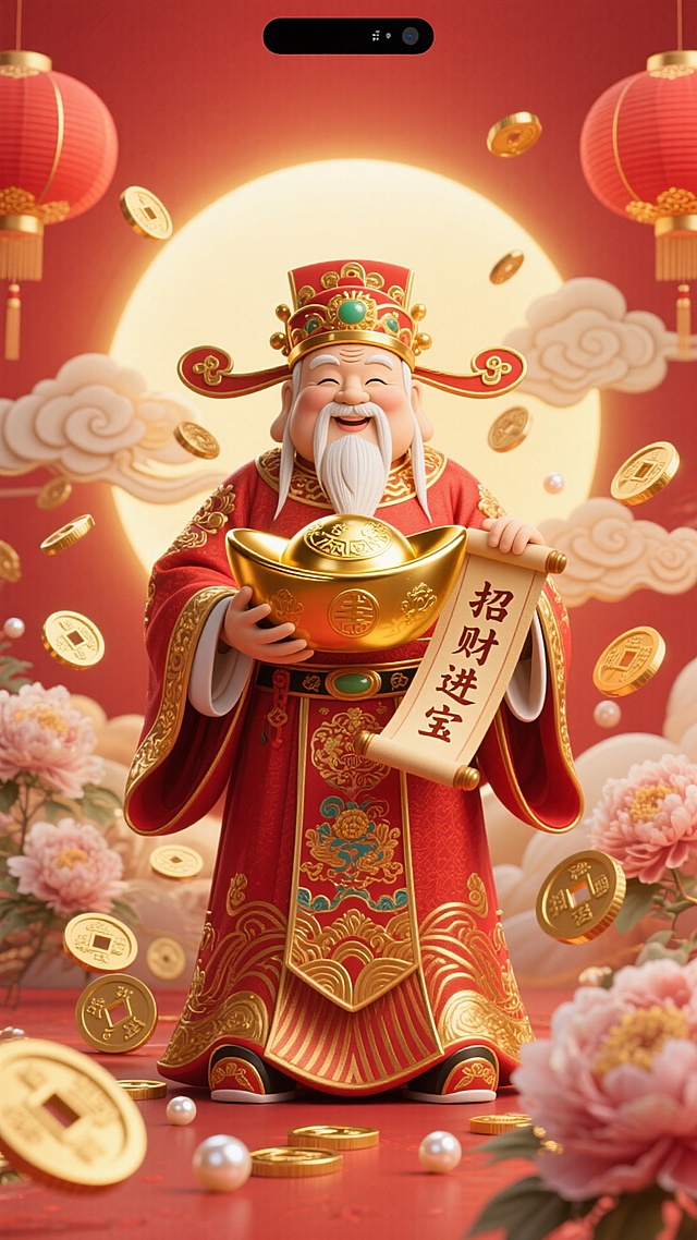 3D重拟物风格，鎏金金属质感，浮雕细节，中式古典喜庆氛围，财神持金元宝与“招财进宝”卷轴，红金配色，祥云、灯笼与牡丹环绕，春节主题。