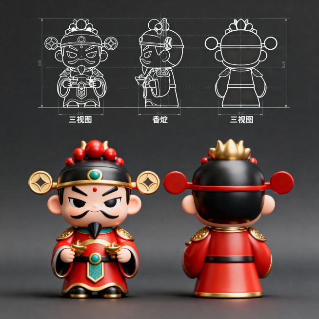 第三款全新原创潮玩风格人物造型香炉建模开模设计图，区别于前两款，不同人物IP造型，工业三视图，清晰标注分型线尺寸，潮玩设计语言，结构展示完整预览效果