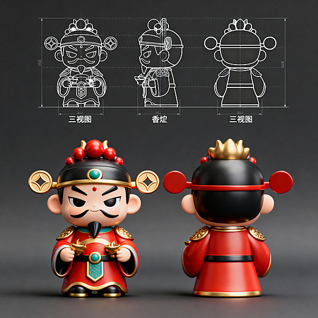 第三款全新原创潮玩风格人物造型香炉建模开模设计图，区别于前两款，不同人物IP造型，工业三视图，清晰标注分型线尺寸，潮玩设计语言，结构展示完整