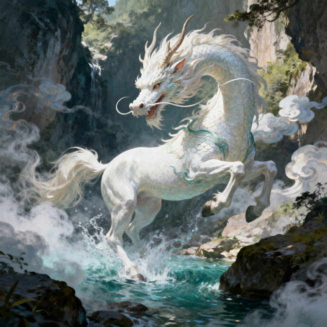 西游记主题插画，白龙马作为主角突出展示，鹰愁涧化龙场景，古典国风插画，云雾水汽缭绕，龙身矫健，细节丰富，光影优美，充满神话故事感预览效果