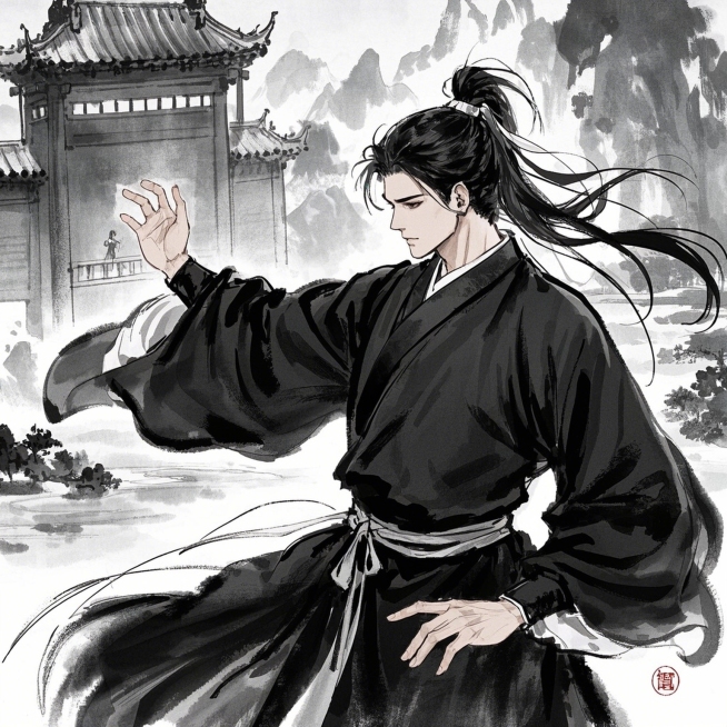 一个英俊的中国古代道长，飘逸的黑发，打太极预览效果