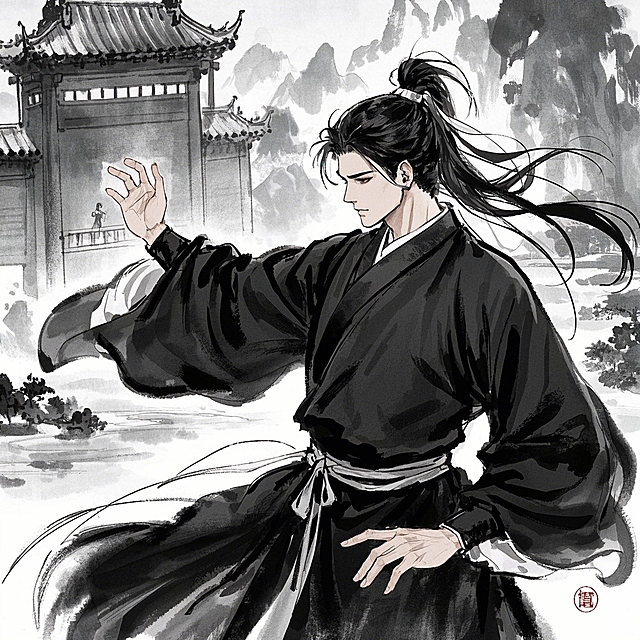 一个英俊的中国古代道长，飘逸的黑发，打太极