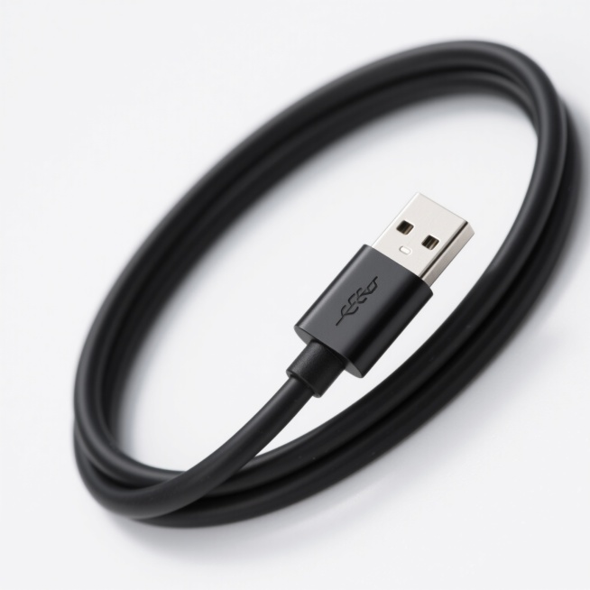 一张黑色充电线的产品展示图，充电线整体呈U形弯曲，左侧为USB Type-C接口，右侧为标准USB-A接口，接口金属部分为银色，线身和接口外壳为纯黑色，表面光滑有轻微光泽，背景为纯白色，光线均匀柔和，无阴影，清晰展示充电线的整体形态和接口细节，设计简洁现代，突出产品本身。预览效果