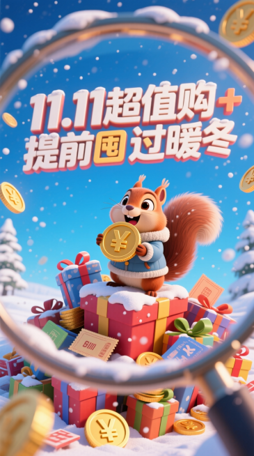 3D卡通风格。透过前景模糊的放大镜的POV视角+鱼眼构图，一个穿着冬装的迷你松鼠在一大堆凌乱堆叠的礼盒、购物券、金币（上面“￥”符号）顶部，以夸张且享受的的表情吃着一个硕大的大金币，冬雪覆盖在仓鼠和礼预览效果
