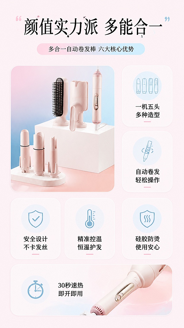 「图片1」，生成一套详情页，商品名称为多合一自动卷发棒，适配淘宝/天猫平台，单图比例为9:16，需求屏数为4张。「图片1」「图片1」「图片1」「图片1」