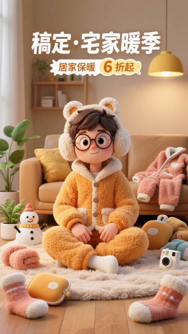 卡通男生穿姜黄居家保暖服，戴毛绒耳罩和圆框眼镜，盘腿坐在铺着毛毯的地板上，周围堆满珊瑚绒外套、暖手宝、加厚袜子。点缀毛绒雪人摆件、绿萝盆栽、白色拍立得、顶部写有 “稿定・宅家暖季”“居家保暖 6 折起预览效果