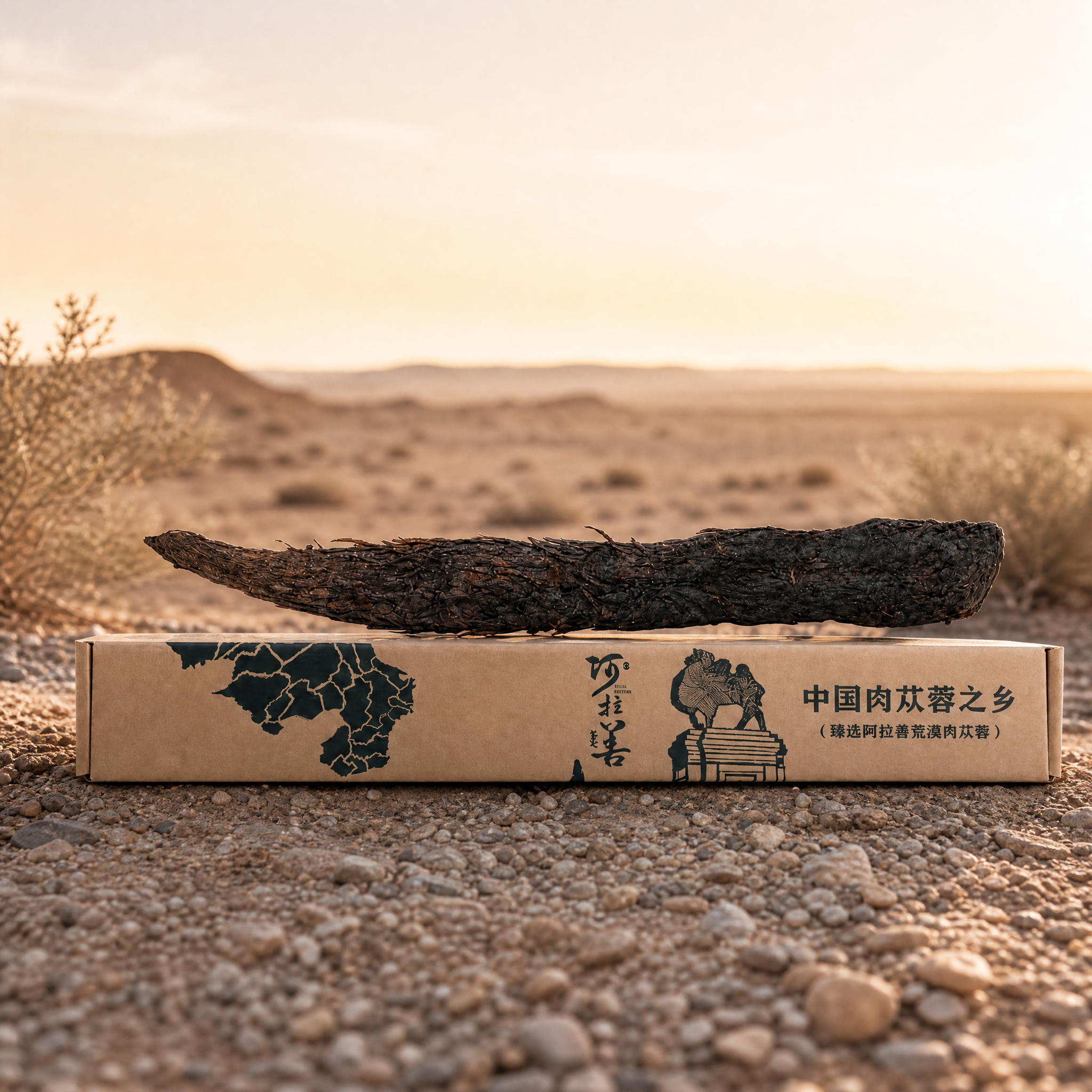 将精修后的阿拉善肉苁蓉产品和包装盒放置在荒漠戈壁的自然场景背景… - 图片创意预览