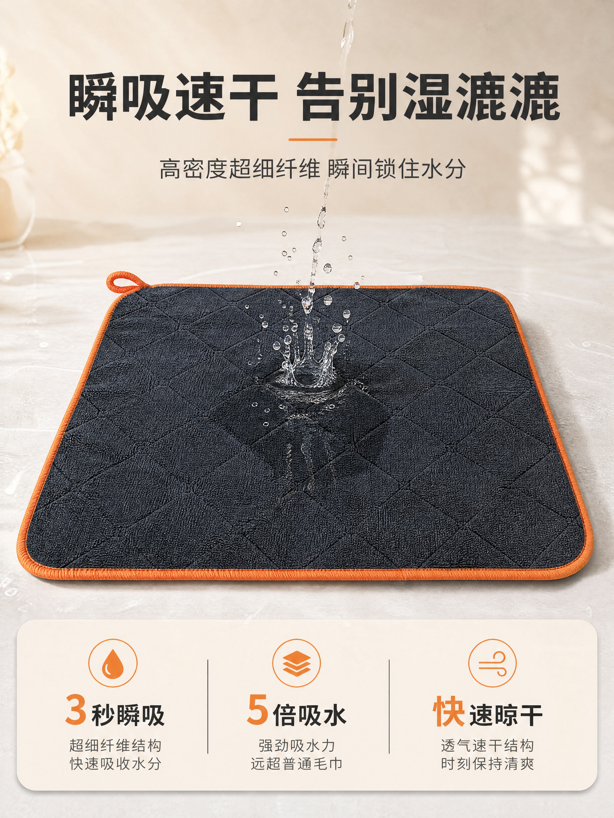 [商品] 使用【图1】深灰色超细纤维毛巾，橙色包边；商品处理：… - 图片创意预览