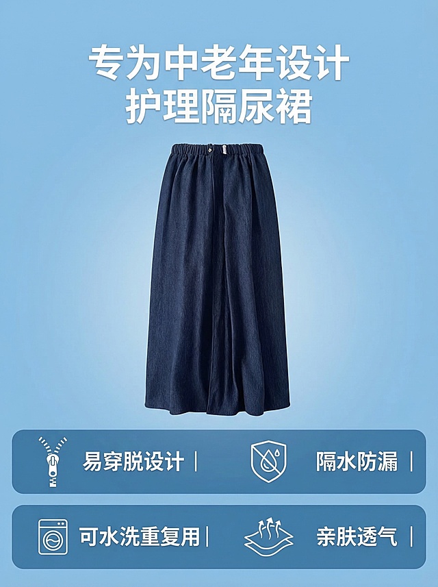 [垫图] https://gdesign-dam-hz.dancf.com/35890931831524411/b122a7013e6241988d379c4c1ebfa6a3.png
[主图主题] 老年人隔尿裙核心卖点全解详情图
[氛围/风格] 清晰通透 专业实用
[画面元素] 藏青蓝隔尿裙完整展示在画面上半部分，下半部分分四个模块展示核心卖点，每个卖点配简约图标，同一款产品和原图保持一致，背景为干净渐变浅蓝色，铺满全屏无边框
[配色色系] 主色调：藏青蓝 浅蓝渐变；辅助色：白色文字
[视角构图] 上文下图 竖版构图，上下分区清晰
[文字版式] 顶部大标题 “ 专为中老年设计 护理隔尿裙 ”，四个卖点模块横向排列 “ 易穿脱设计 | 隔水防漏 | 可水洗重复用 | 亲肤透气 ”，每个卖点配小图标，文字加粗清晰，字体无衬线，整体排版工整有序