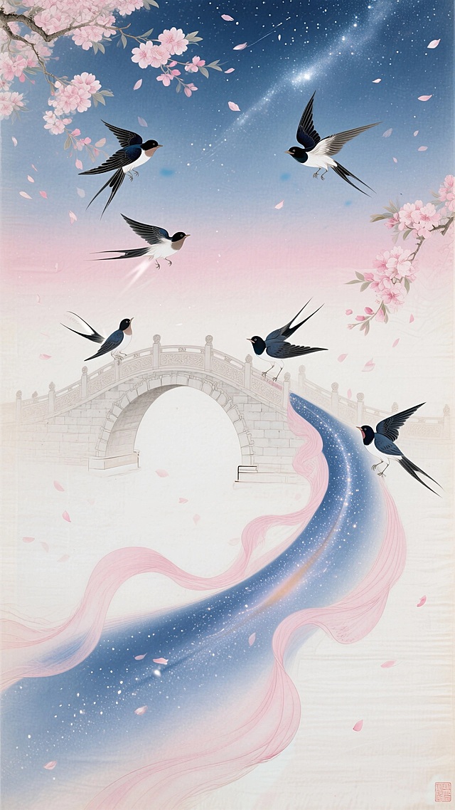 蓝粉渐变星空，几只喜鹊环绕鹊桥上，渐变银河流动，花瓣飘落，大面积留白。