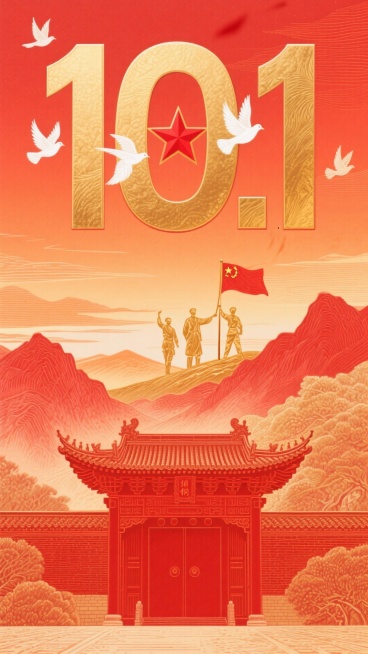 从暖红色到橙色渐变的绚丽背景，好似绚烂晚霞铺满画面。画面中央焦点是巨大的金色 “10.1” 数字，数字线条流畅，散发着耀眼光芒。其中 “0” 里镶嵌着一颗鲜艳的红色星星，
围绕着金色数字，白鸽优雅地展预览效果