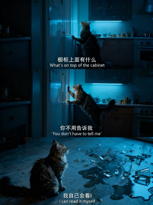 竖版三宫格艺术感写真图，场景为暗冷调厨房，色调呈冷蓝渐变，布置有橱柜，料理台。画面主体为参考图中的狸花猫，突出其 “探索” 厨房却想偷食的趣味反差。最上面一张为近景，狸花猫蹲在地面上仰视橱柜，添加中英预览效果