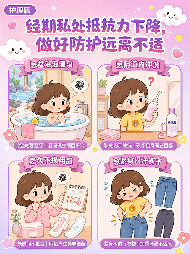 Q版卡通风格的女生经期私处护理科普海报，竖版3:4比例。粉紫渐变背景，点缀可爱的白色云朵笑脸、黄色小星星、粉色爱心和小花朵装饰。

画面顶部：左上角有粉紫色标签"护理篇"，下方是大标题"经期私处抵抗力下降，做好防护远离不适"。标题字体可爱圆润，粉紫渐变色，温柔醒目。

画面中部和下部分布4个场景，每个场景有小女孩卡通形象和文字说明：
1. 左上：忌盆浴泡温泉 - 小女孩在浴缸里泡澡，表情担忧，周围有浴缸、泡泡、温泉元素，标签"泡澡泡温泉 | 容易滋生细菌感染"
2. 右上：忌阴道内冲洗 - 小女孩拿着冲洗瓶表情困惑，周围有冲洗器、护理液、毛巾元素，标签"私处内部冲洗 | 破坏自身有益菌群"
3. 左下：忌久不换用品 - 小女孩看着日历皱眉，旁边有卫生巾、护垫等用品，标签"长时间不更换 | 闷热产生异味细菌"
4. 右下：忌紧身闷汗裤子 - 小女孩穿着紧身牛仔裤不舒服地拉扯裤子，周围有牛仔裤、紧身裤元素，标签"紧身不透气衣物 | 加重潮湿不适感"

小女孩是棕色短发圆脸的Q版形象，画风甜美可爱。每个场景都有对应的粉紫色飘带标签。整体风格与饮食篇、运动篇保持一致，形成系列感。画面比例3:4。