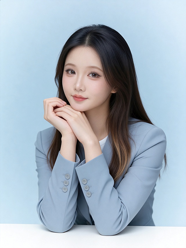 参考第一张图保留人物脸型､发型､年龄特征,生成治愈温馨风简约高级人像写真;人物肤色冷白皮,肤质细腻通透自带柔光感,风格优雅温柔､质感精致且氛围治愈松弛｡摄影参数:50mm焦段,F/3.8光圈,相机与人物距离3米,竖幅构图(修正原横向表述冲突),人物占画面70%,人物居中,头部与画面顶部保留10%空间,头部发型完整呈现,头肩比例协调,头部宽度约为肩宽的1/2.5｡场景与景别:参考第二张图白色桌面高度,景别半身近景(含部分白色桌面),聚焦人物上半身;纯色低饱和浅奶油蓝背景+白色桌面,背景带轻微柔焦朦胧感,整体色调柔和温润｡,服饰细节:身穿浅灰蓝修身长袖西装外套,圆领设计,单排纽扣装饰,袖口干净整洁,简约商务风格;面料为哑光细腻梭织材质,垂坠感佳,表面平滑无明显纹理,质感高级柔和无反光,凸显轻奢温润感｡人物状态与姿态:无多余饰品,浅淡治愈浅笑(嘴角轻微上扬,眼神含温柔笑意),气质温柔清新､治愈内敛;优雅坐姿坐于白色桌面后,双臂轻搭桌面,双手手指自然交错轻叠,以松弛舒展的姿态轻柔搭靠在脸部下颌线侧面区域,手腕自然弯曲,手指仅轻贴面部,姿态端庄放松､柔和舒展,人体结构精准｡妆容与发质:发质柔顺有自然光泽,发尾带轻微柔和弧度;精致清透伪素颜淡妆,底妆轻薄服帖,淡橘粉色唇妆减淡饱和度,眉眼弱化轮廓感更显柔和;主体锐利,眼神直视镜头,目光澄澈柔软､满含暖意,表情自然松弛｡整体要求:专业人像摄影写真,无生硬阴影,色彩低饱和低对比,氛围温馨治愈､简洁高级,严格按照第一张图人物核心特征生成｡