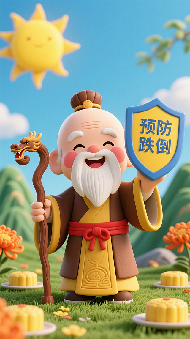 仙风道骨的老寿星手持“预防跌倒”盾牌，周围环绕菊花、祥云、远山、重阳糕元素，画面下方清晰显示“开展活动的科室：江苏省省级机关医院七病区，时间：15：00-17：00，地点：病区示教室”，主标题“稳住幸福，快乐重阳”，口号“用心守护每一步”，整体构图布局合理，元素分布均衡，色彩鲜明