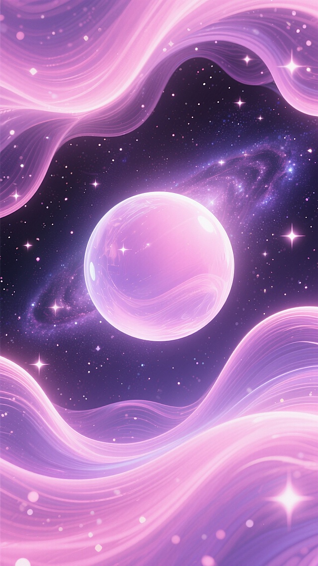 以粉紫色为主色调的梦幻背景，融合深邃银河星空元素，画面中充满了流动的粉色和紫色渐变光线，以及无数闪烁的星星和光点，巨大的半透明球体悬浮其中，周围环绕着柔和的光晕和波浪状的曲线，整体呈现出一种超现实的梦幻质感，光影效果更加柔和且富有层次感，营造出宁静而神秘的宇宙氛围。