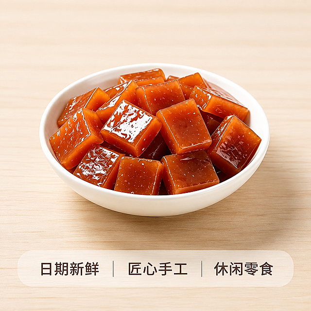 [主图-5] 服务承诺促进转化
[氛围风格] 简洁清晰，增强信任
[画质] 商业摄影质感、光线柔和通透、产品清晰真实、画面干净高级，高清写实
[元素] 整碗木瓜糕居中展示，保持木瓜糕方块的外观形状、颜色光泽、质感与输入产品图一致，杜绝任何变形和色差，精细化处理，不出现包装。背景简洁浅木色，底部留出区域放服务承诺。
[光影] 均匀柔和自然光，整体干净明亮
[配色] 整体温暖干净，浅背景突出产品和文字
[视角构图] 主体居中，完整展示，底部预留文字空间
[文字版式] 底部半透明悬浮条，两端留空，横向排列文字：“日期新鲜 匠心手工 休闲零食”，深色文字清晰可读，不遮挡主体。
[输出要求] 1:1 比例，文字清晰可辨，超高清商业美食摄影质感，图片中不要出现包装
[负向提示词] 畸形,扭曲,模糊,塑料质感,过度发光,卡通,二次元,水印,多余文字,杂乱杂物,AI绘画瑕疵,不自然纹理,超高饱和度,色差严重,果肉虚假,边缘融化变形,虫眼,发霉,变质,不干净,开胃,古法,包装,变形,文字错乱,产品图模糊,背景杂乱,电商平台Logo