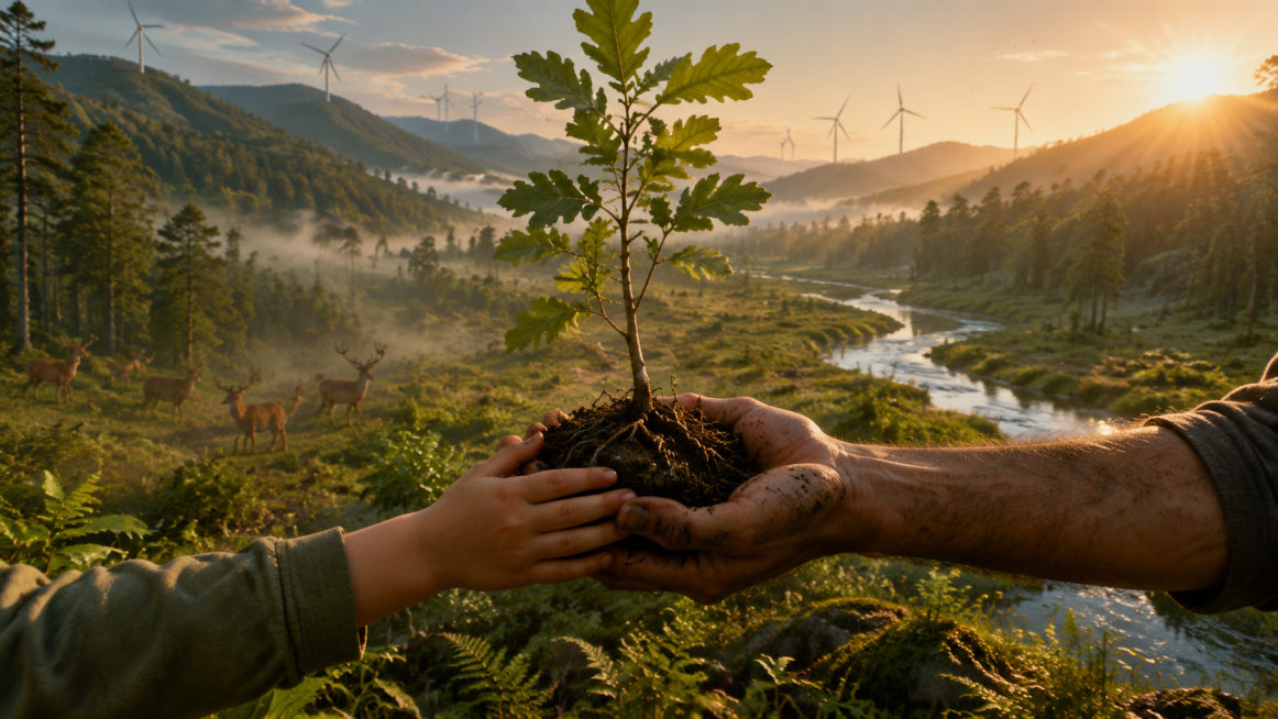 hyperrealistic cinematic wide shot, Earth 2076 environmental restoration, reforested hills with deer预览效果