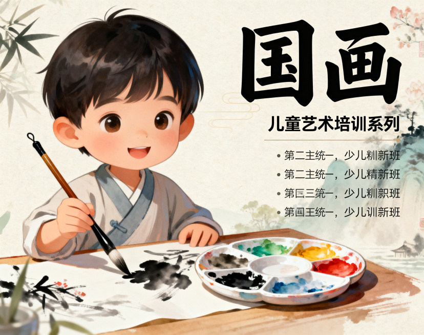 儿童艺术培训系列宣传海报，国画主题，画面包含可爱儿童和国画颜料毛笔元素，顶部有醒目标题文字“国画”，整体风格统一温馨，适合少儿兴趣班宣传，和前两张主题图为同一系列预览效果