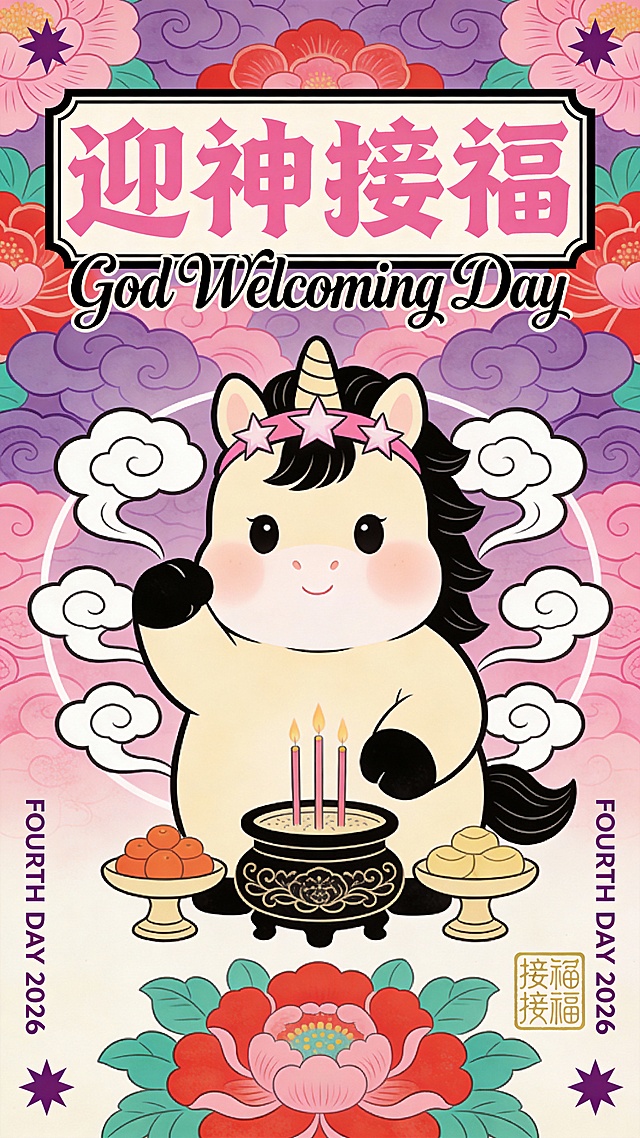 画面顶部横向排列书法笔触 + 几何切割艺术字体的粉色中文 “迎神接福”，字体笔画末端做圆润卷曲处理，下方配缠绕式艺术花体英文 “God Welcoming Day”，英文字母与中文笔画交织，构成视觉主标题；画面底部两侧各竖排一列微小的紫色无衬线英文 “FOURTH DAY 2026”，视觉中心右下角盖一枚极简线条的浅金色 “接福” 印章。画面核心主体是奶咖色 Q 版卡通小马，它戴着粉星星发箍，抬起前蹄，面前摆放着香炉和供品；供品周围环绕 3 个扁平化白色线条祥云，画面四角各点缀 1 个迷你紫色星星符号。背景是粉白到紫色从上到下的柔和渐变，整体采用对称式居中布局，上下留白突出迎神庄重场景。