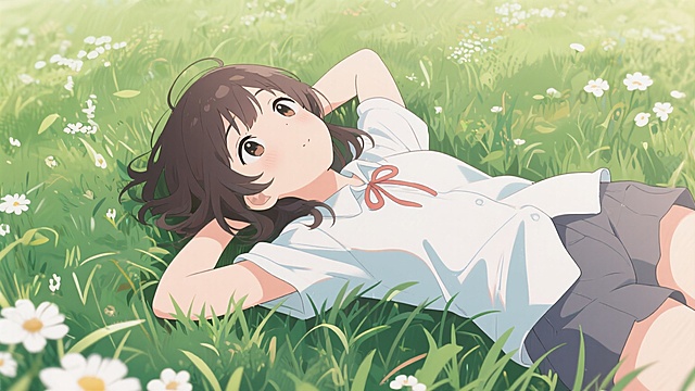 画一个少女躺在草地里的壁纸动漫