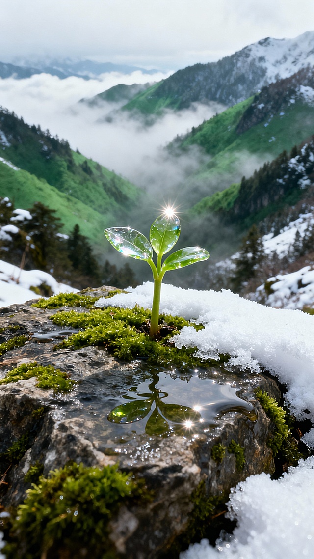 超写实摄影角度，聚焦于布满鲜绿青苔的岩石近景，清晰呈现石面及新生嫩绿幼苗，幼苗玻璃质感，透明，反射，折射，高光。石面上一部分积雪已经融化掉，只剩下幼苗附近的积雪。背景是层层渐变绿雾青山，山谷云雾缭绕具景深，山谷绿树上有积雪。整体干净自然，符合现实逻辑