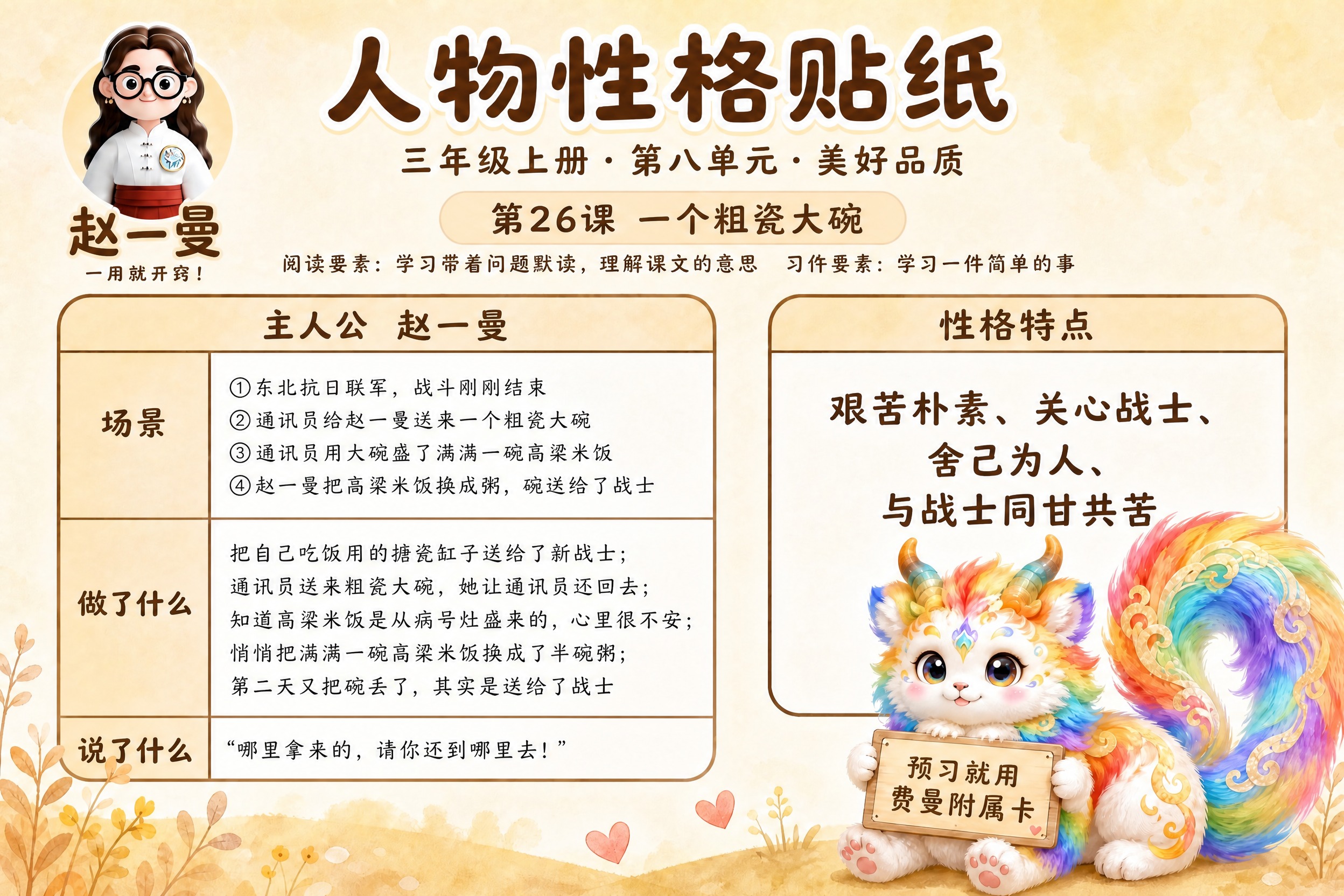 参考这张学习卡的版式骨架和暖色调水彩手绘风格，将内容替换为赵一… - 图片创意预览