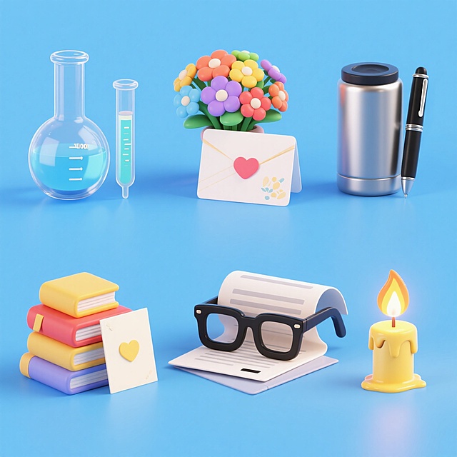 6个物品组合。第一个烧杯和滴管；第二个贺卡和鲜花；第三个保温杯和钢笔；第四个试卷和眼镜；第五个书本和贺卡；第六个燃烧的蜡烛。浅蓝色背景，上下两行，排列整齐