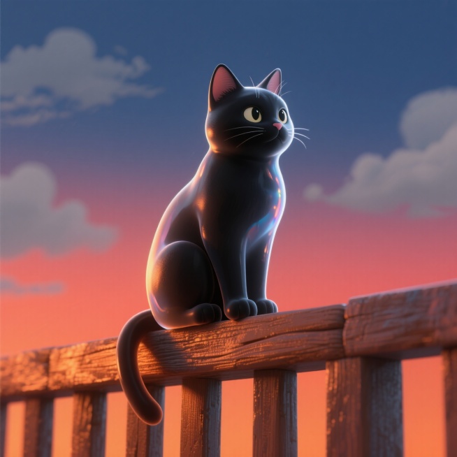 一只黑猫坐在栏杆上看着傍晚的天空预览效果