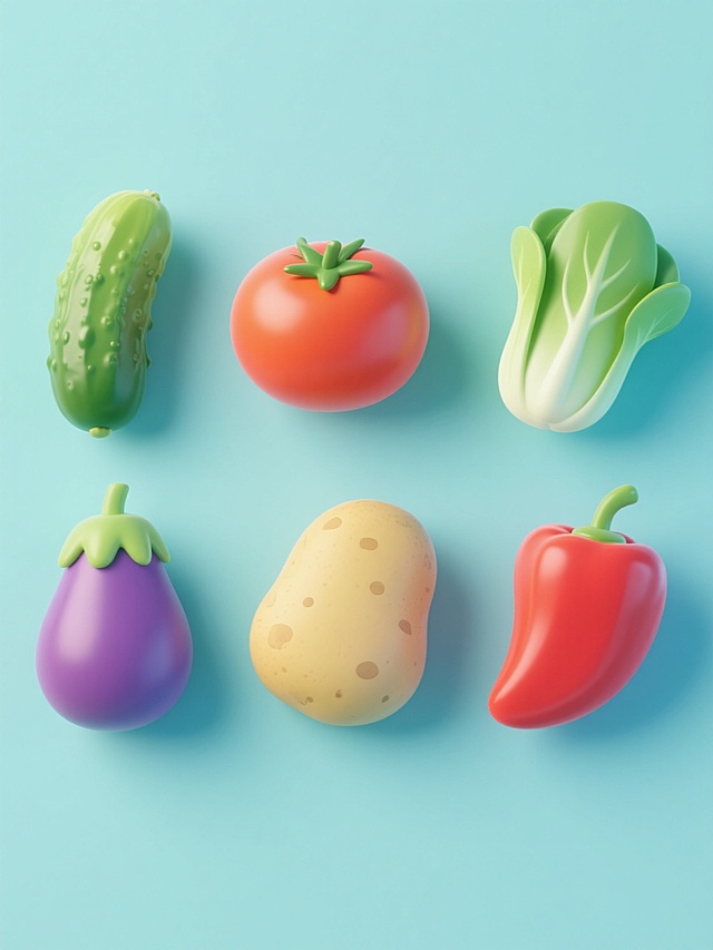 纯色背景，软3D风格，整体变换为清新明快的色彩，包含黄瓜、西红柿、小白菜、土豆、茄子、辣椒六个完全不同元素内容的蔬菜系列素材集合，规整排布。每个蔬菜都具有圆润的边缘和柔和的光影过渡，表面呈现细腻的材质感，色彩鲜亮且和谐统一，整体画面简洁干净，充满现代设计感。