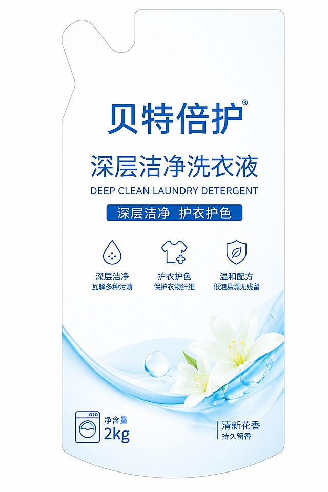 单独生成左侧瓶贴刀模的贝特倍护洗衣液标签设计，跟随奥乐齐简约包装风格，放置品牌名'贝特倍护'，功效信息和右侧一致，保留刀模轮廓，设计干净清爽