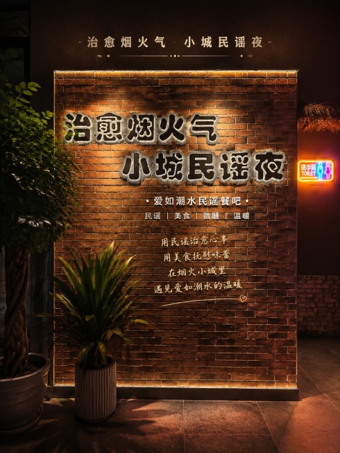 [第3屏] 门店特色主题墙面展示，爱如潮水民谣餐吧品牌定位展示。本屏使用【图3】作为主题墙主体。
[氛围/风格] 夜晚温馨氛围，霓虹光影质感，保留红砖墙面复古质感，突出民谣休闲定位。
[元素布局] 主预览效果