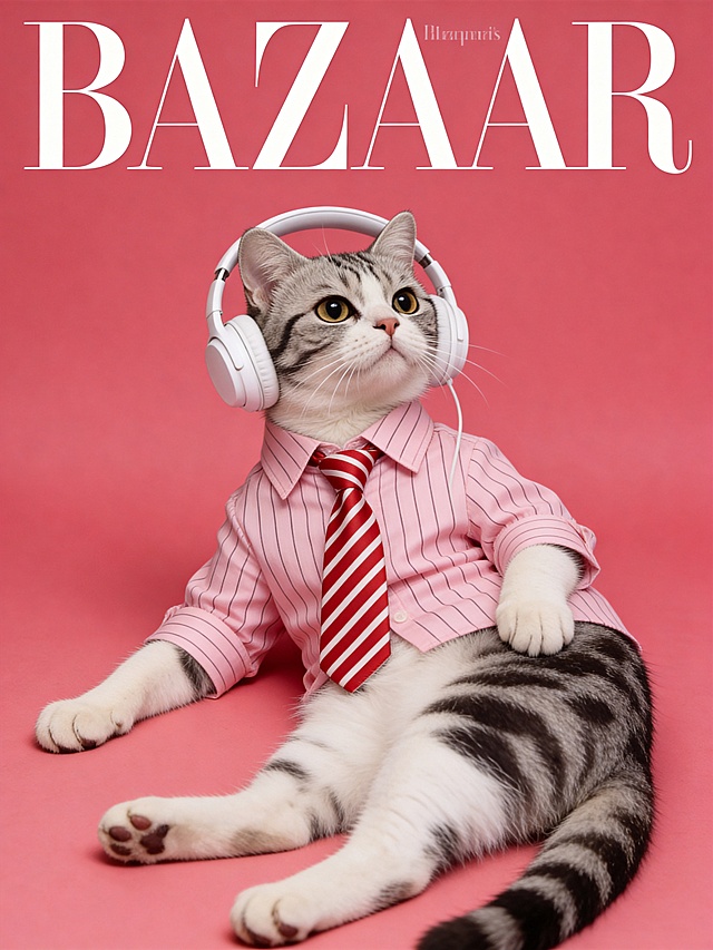 拟人风猫咪身着粉红条纹衬衫与红白领带，佩戴耳机，尽显时尚感与可爱感，双色设计风搭配杂志风构图，实景感十足，呈现《BAZAAR》封面的高级趣味。
