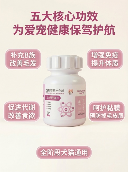 宠物维生素B片商品详情首图，浅米色背景，风格和参考主图保持一致，上方大标题文字"五大核心功效 为爱宠健康保驾护航"，中间摆放商品瓶身图，文字和图案保持原图不变，周围分布五个卖点文字气泡："补充B族 改预览效果