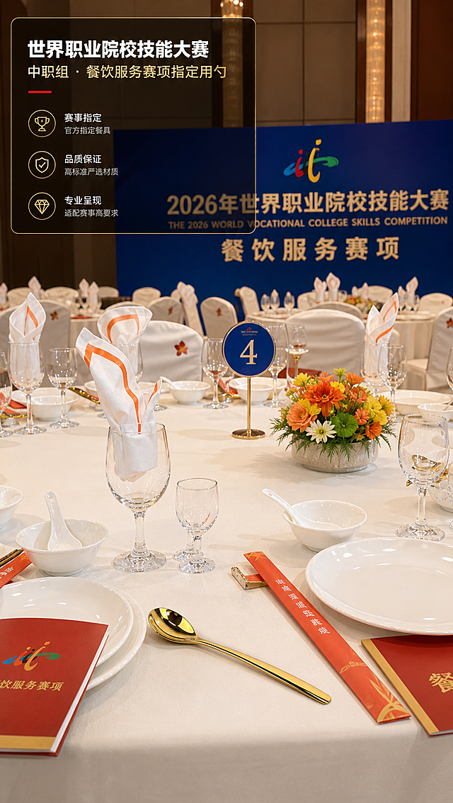 [商品] 使用【图1】金色长柄公勺；产品融入专业赛事餐台场景中，保留金色外观与长柄造型，与周围餐具协调搭配。
[画面] 目标：赛事场景页，展示公勺在世界职业院校技能大赛餐饮服务赛项中的实际应用。构图：大场景满铺，圆形餐桌摆台全景，公勺位于前景餐位清晰可见，背景为赛事宴会厅与蓝色背景板（替换logo为【图7】）。景别：中全景。阅读动线：从前景餐位向背景赛事场景延伸。前中后景：前景公勺与餐位餐具，中景圆桌摆台，后景赛事背景板与宴会厅。
[视觉] 套系策略：风格=高端专业赛事商业摄影；标题字=思源黑体粗体；正文字=思源黑体常规；主色=香槟金+深蓝；背景延展=基于深蓝与金色做深浅层级、同色渐变和细腻绸缎/金属质感；强调色=中国红，仅用于小面积图标、引线和标签；标题色=白色/深金色；正文色=白色/深炭灰；组件=圆角金边信息卡、细线引线、金色编号；光影=宴会厅暖光环境，餐台重点照明。
[文字] 左上角半透明深色信息卡，主标题「世界职业院校技能大赛」，副标题「中职组 · 餐饮服务赛项指定用勺」，文字横排，不遮挡主体餐台。
[规格] 图片比例9:16竖版，4K分辨率，负向提示：避免变形、错字、文字过小、出现省份名称、出现人脸、出现原始logo、冷蓝/冷灰背景、产品颜色改变、结构失真、出现任何省份字样。