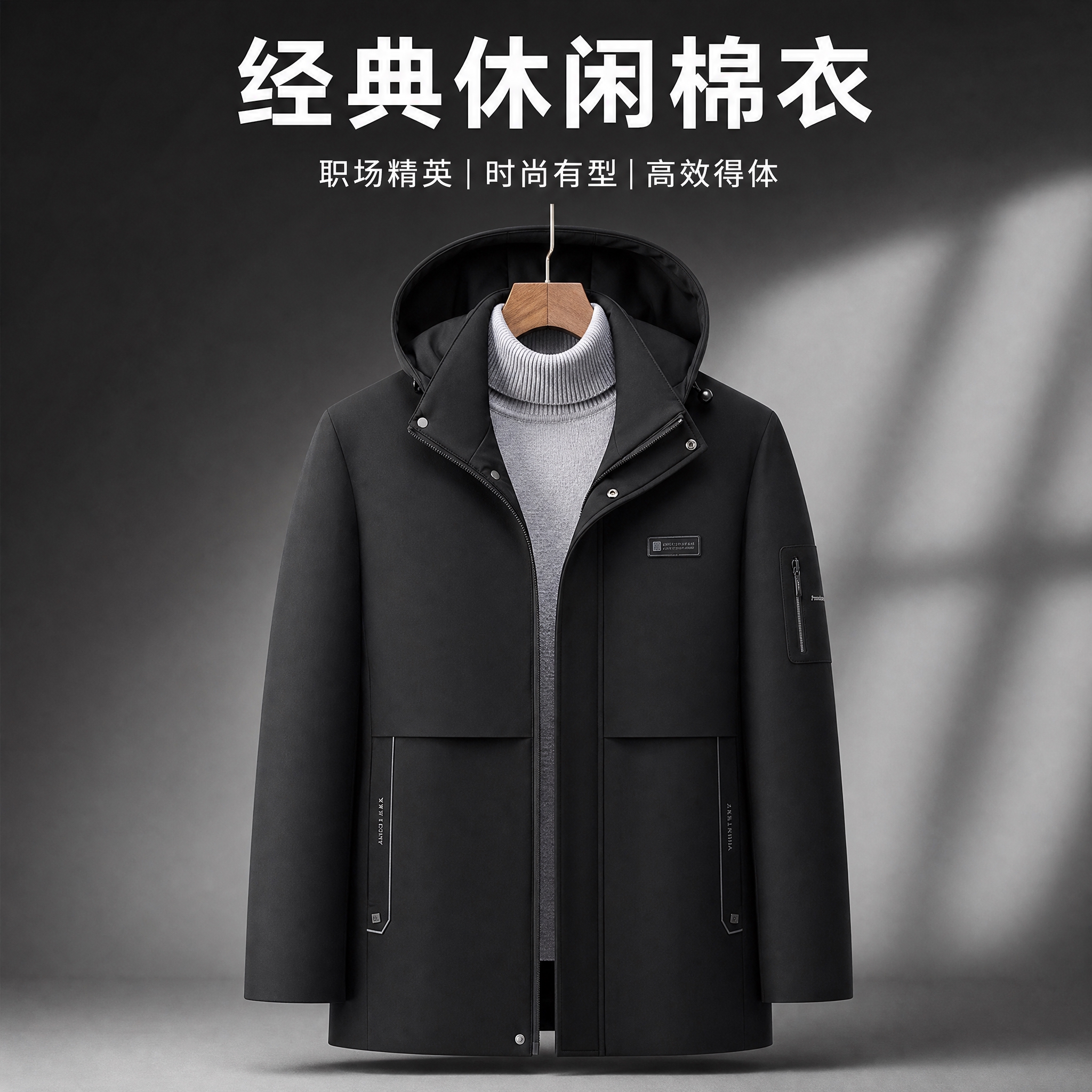 [主图-1] 男士商务休闲连帽棉衣正面主视觉展示，突出版型与整… - 图片创意预览