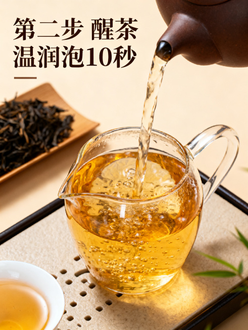 安溪铁观音冲泡流程第二步醒茶，竖版3:4商务轻奢风格。画面展示沸水冲入壶中，标题"第二步 醒茶 温润泡10秒"，捕捉水流动态瞬间，汤色金黄透亮，版面干净步骤清晰。保持茶具和茶叶风格一致，商业摄影质感。预览效果