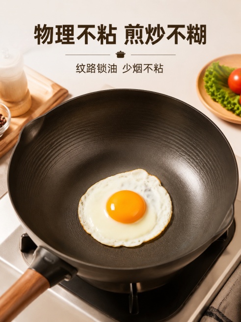 [第4屏] 不粘功能演示屏，煎鸡蛋展示锅大煌炒锅不粘性能。
[氛围/风格] 实景烹饪演示，真实自然，有生活气息，商业摄影质感。
[元素布局] 锅内正在煎制一个完整鸡蛋，鸡蛋成型完整不粘锅底，锅置于厨房预览效果