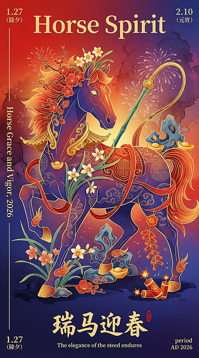 平面插画，海报设计，高级排版艺术，新中式扁平商业插画，马年春节主题，国潮美学，几何工笔精准勾勒奔马轮廓，宋式意境与春节喜庆融合。骏马主体放大，鬃毛采用红梅+水仙插花造型，毛发呈金红流光质感，马身布满吉祥回纹与祥云纹，细长兰草与红绸带缠绕马身。马蹄踏过绽放兰花与爆竹，太湖石与元宝轮廓融合，中式建筑飞檐化作马颈金饰，竹子变形为鎏金如意马鞭。背景为高饱和红金+黛蓝弥散渐变，叠加水墨晕染与磨砂噪点肌理，透明流体模拟奔跑带起的烟花光粒，超现实动态感拉满。色彩以冷调黛蓝为底，红金暖色点缀，淡雅渐变与强烈撞色结合，层次丰富。文字排版：上方居中放大“Horse Spirit”，左侧竖排“Horse Grace and Vigor,2026”，下方居中“瑞马迎春”（书法体）与“The elegance of the steed endures”，角落标注春节日期“1.27”（除夕）、“2.10”（元宵）及“period AD 2026”。